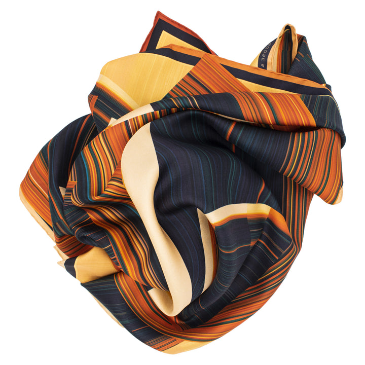 Orange, teal and yellow scarf, Pure Silk, Hand Rolled Hems, Luxury Scarves, Made in England, London UK, Wearable Art, Science Art