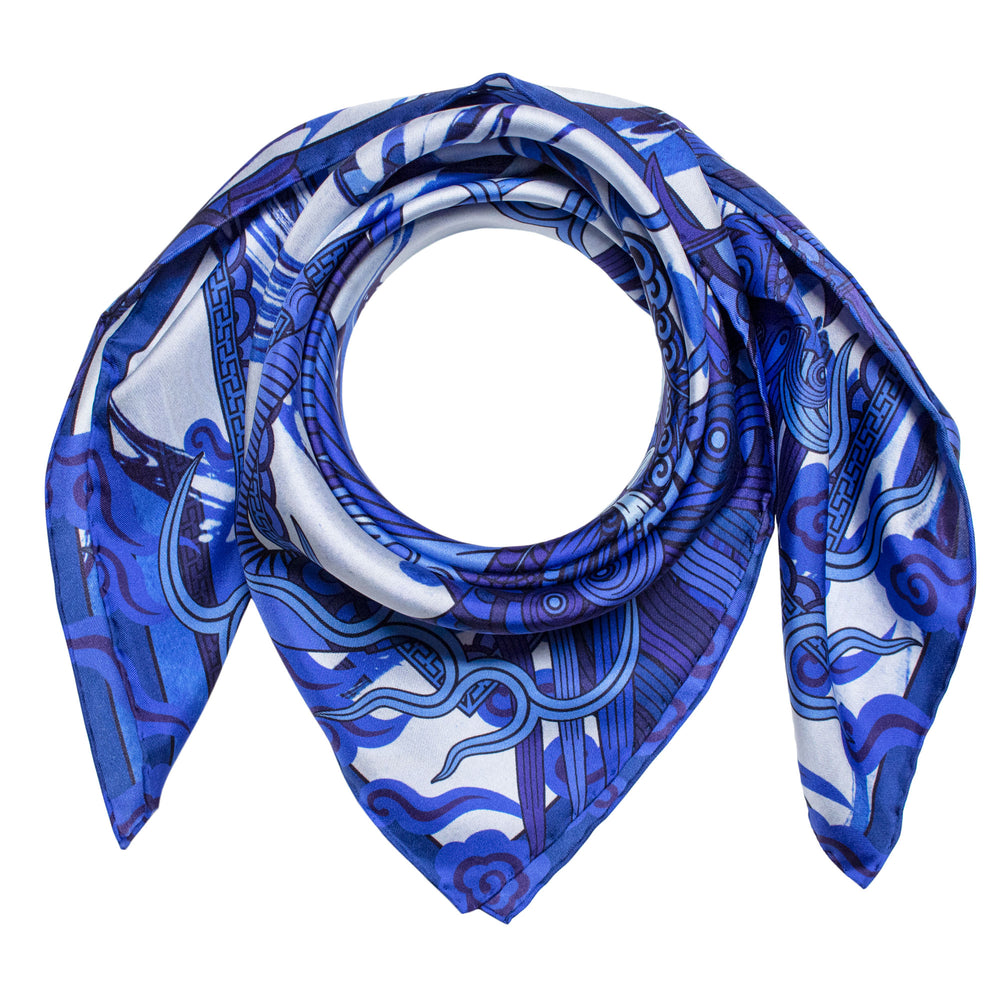 Blue Silk Scarf, Chinese Dragons, Delftware, Luxury Scarves, Gift Ideas, Lucky Scarf, Foulard, Made in UK, London, England, British