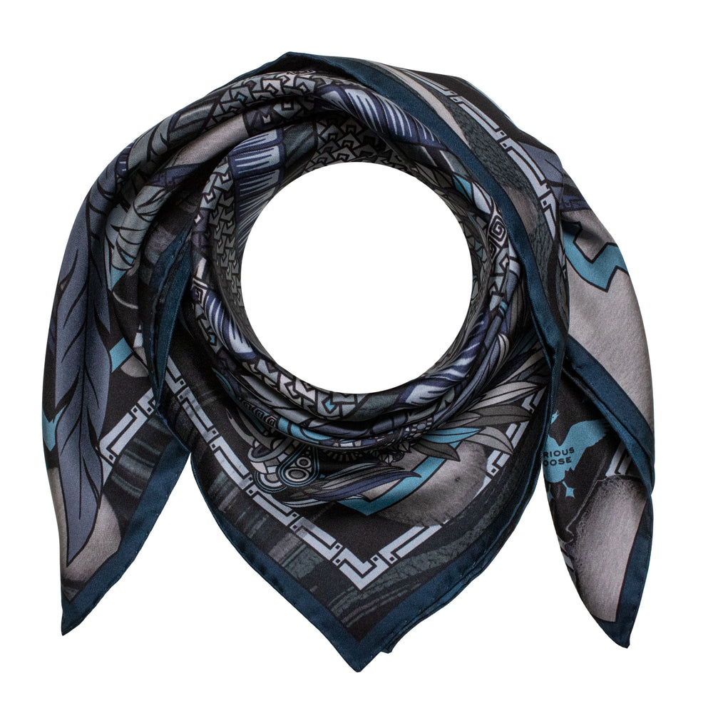 Monochrome Silk Scarf, Dragons, Quetzalcoatl, Grey Scarves, Foulard, Made in UK