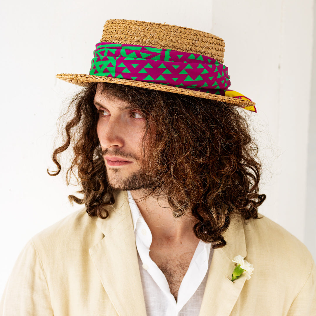 Silk Scarf worn on a boater hat, Pink Green, Luxury Scarves, Oscar Wilde, Made in London England