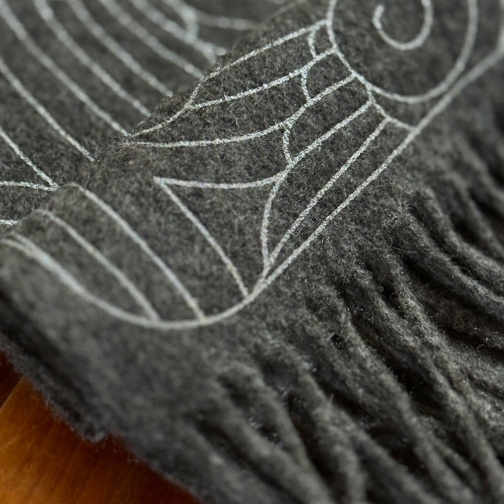 Grey cashmere scarf, with silver printed pattern inspired by the Thames - Furious Goose London UK - made in England