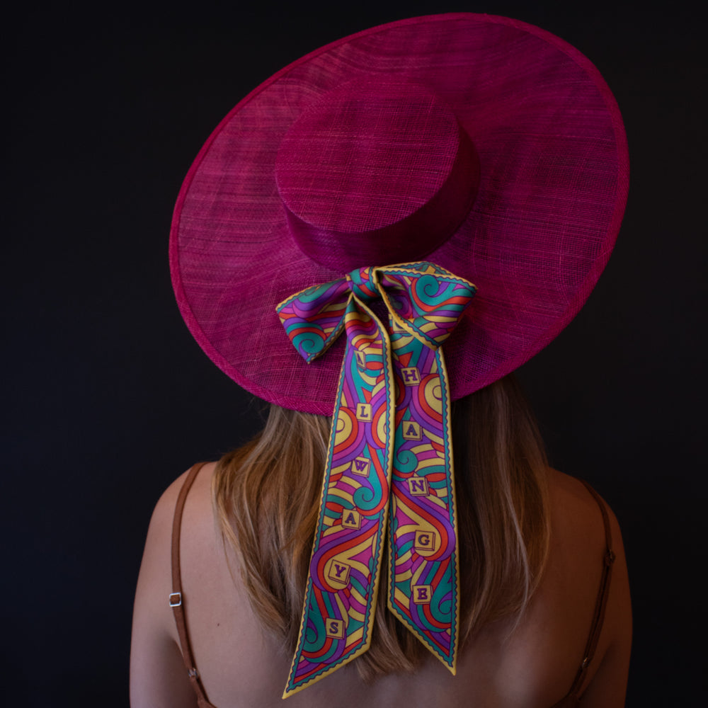Multicoloured 100% silk ribbon scarf worn on a pink hat – Ascot | Furious Goose | Made in England