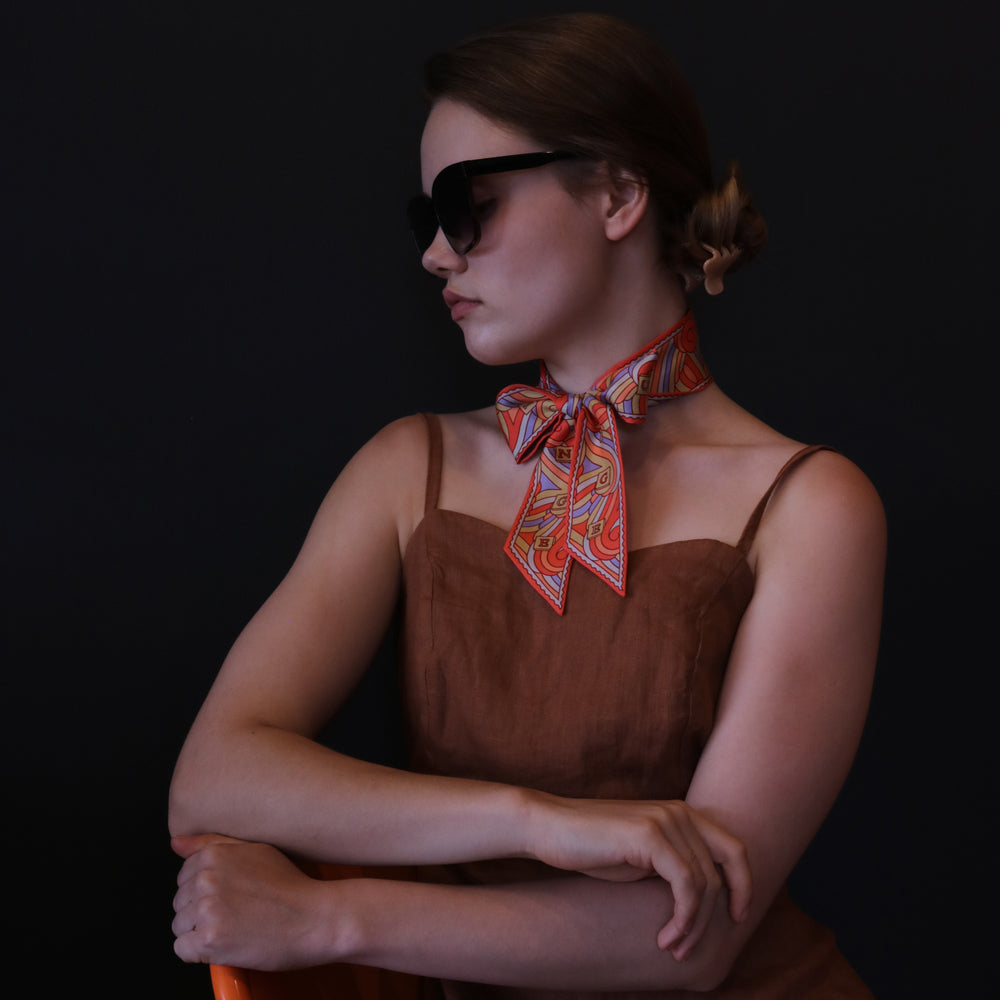 orange and blue/grey/lilac, pure silk, twilly, ribbon, mini scarf, necktie | furious goose | made in England 