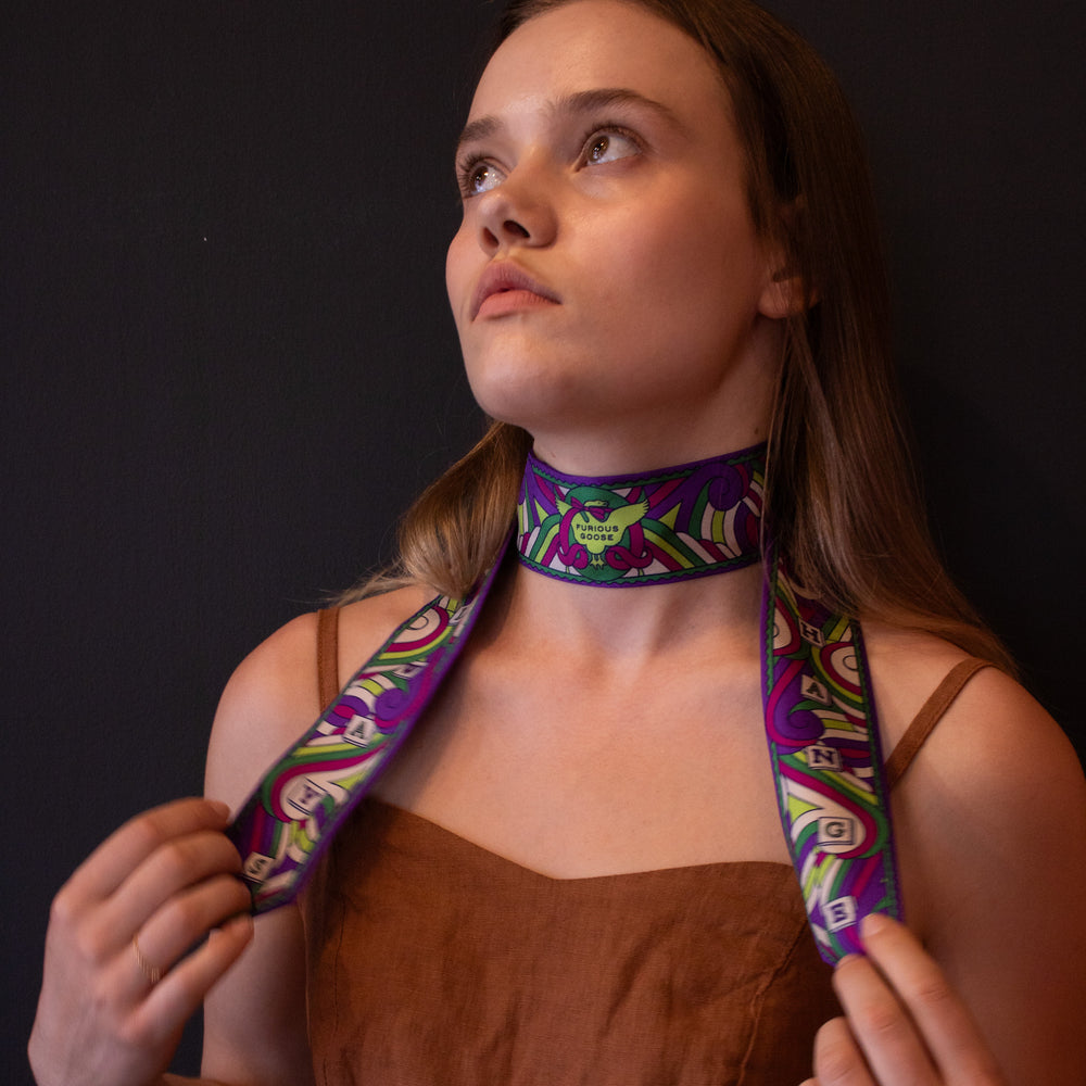 purple, green, lime, magenta, white, 100% our silk, ribbon scarf, accessories, luxurious scarf | Furious Goose | made in England.