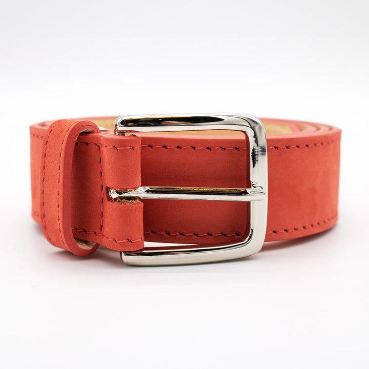 Bold orange belt in luxury leather, suede. Made in London. UK. Furious Goose