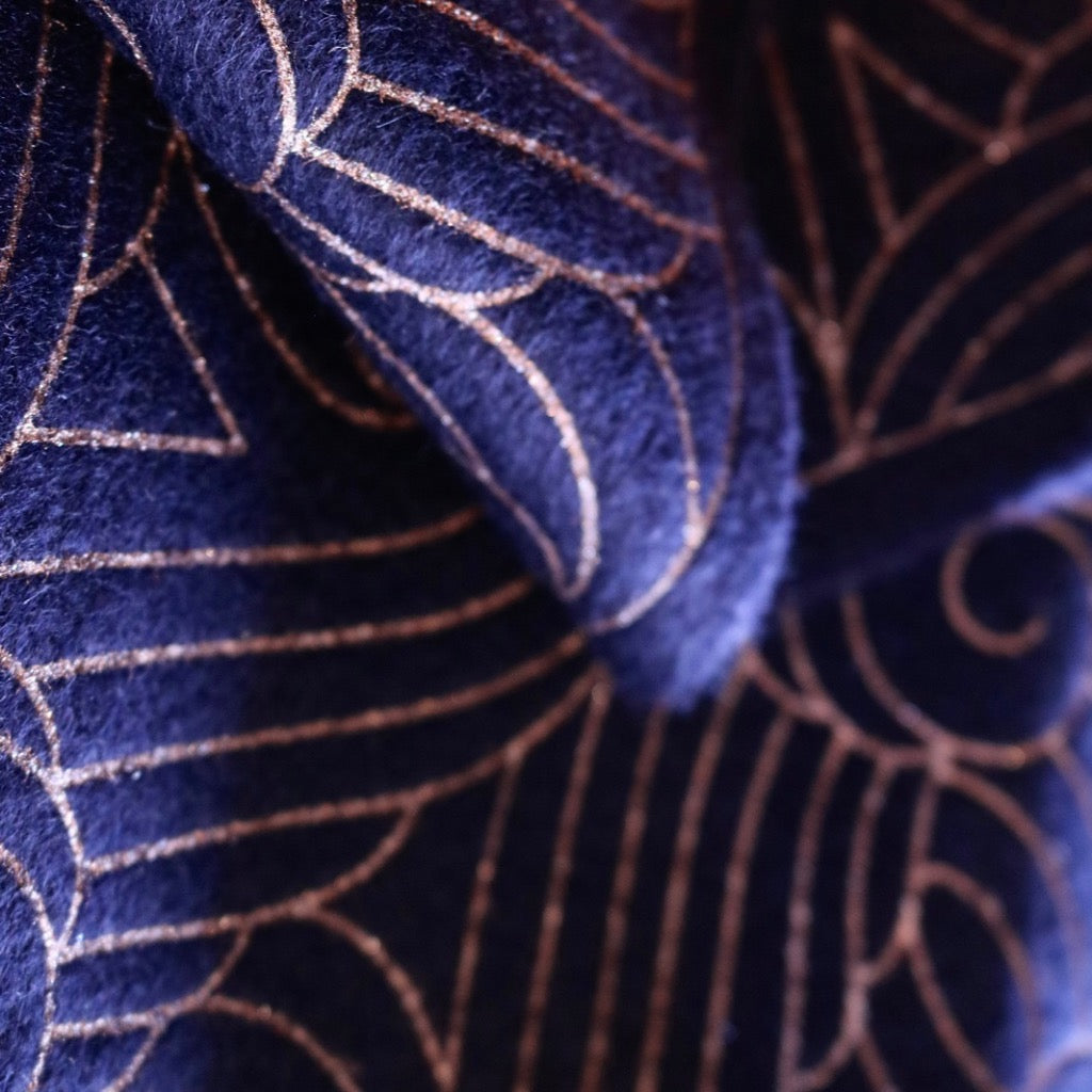 Cashmere with copper printed wave pattern Navy ripple cashmere. Luxury scarf London