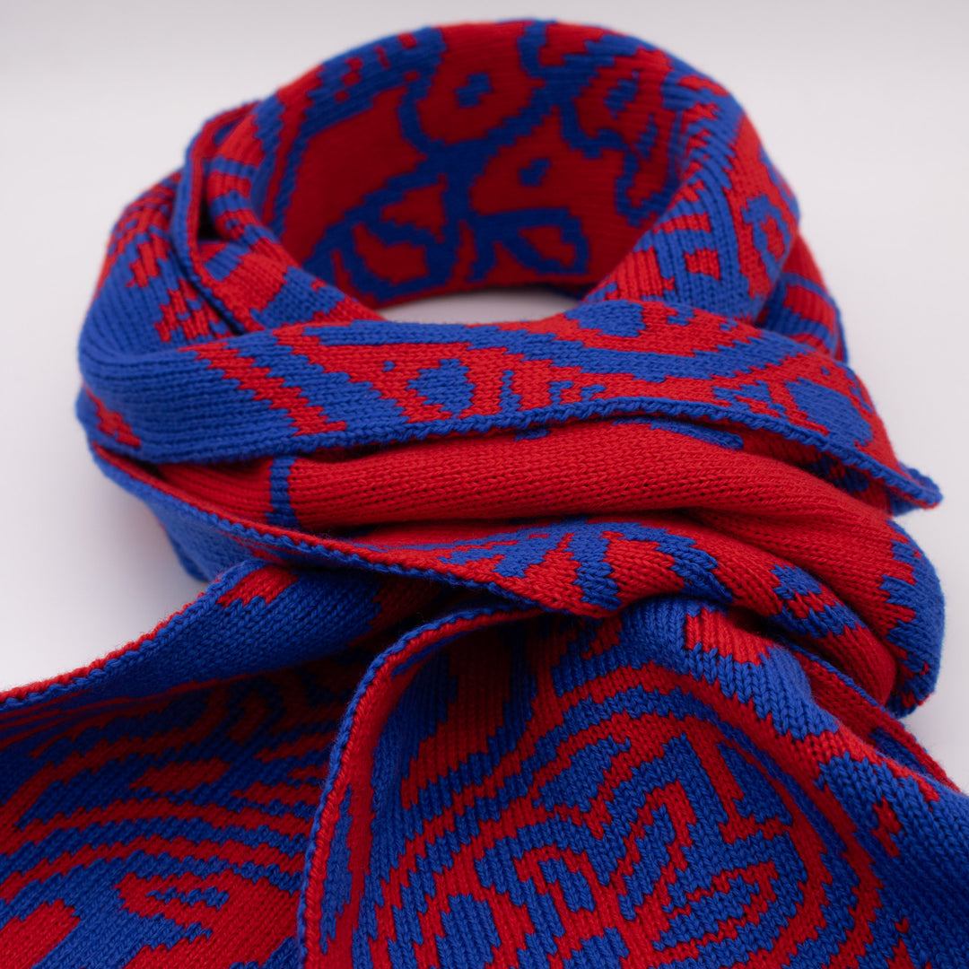 Knit, Michelangelos David,  Cashmere Scarf, Merino Wool, Red Blue, Paisley, Jacquard, Sustainable Fashion, Made in London, UK, Furious Goose