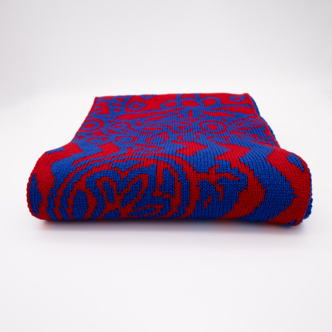 Knit, Michelangelos David,  Cashmere Scarf, Merino Wool, Red Blue, Paisley, Jacquard, Sustainable Fashion, Made in London, UK, Furious Goose