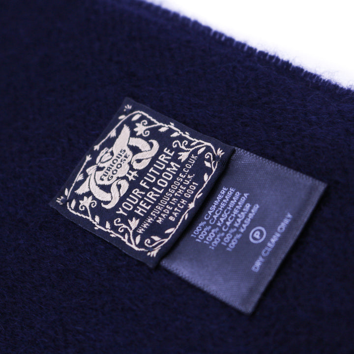 Cashmere scarf showing the woven label