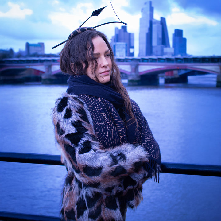 Cashmere scarf, London Style, Hand Printed, Thames Print, Navy Blue Ripple Cashmere, Screen Print Copper | Furious Goose