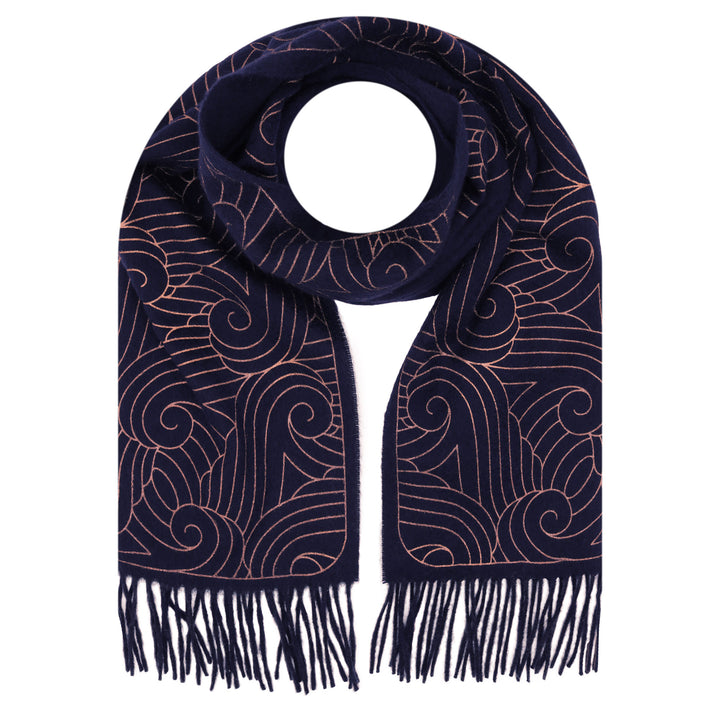 Luxury navy blue scarf in ripple cashmere with Thames pattern screen printed in London in copper pigments – Made in UK – Furious Goose
