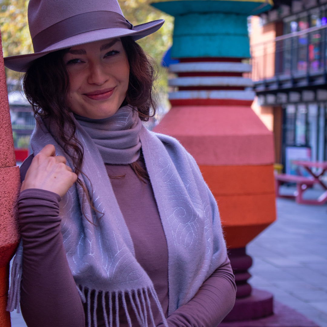 Ash grey cashmere scarf, hand-printed with silver filigree | Made in England | Furious Goose