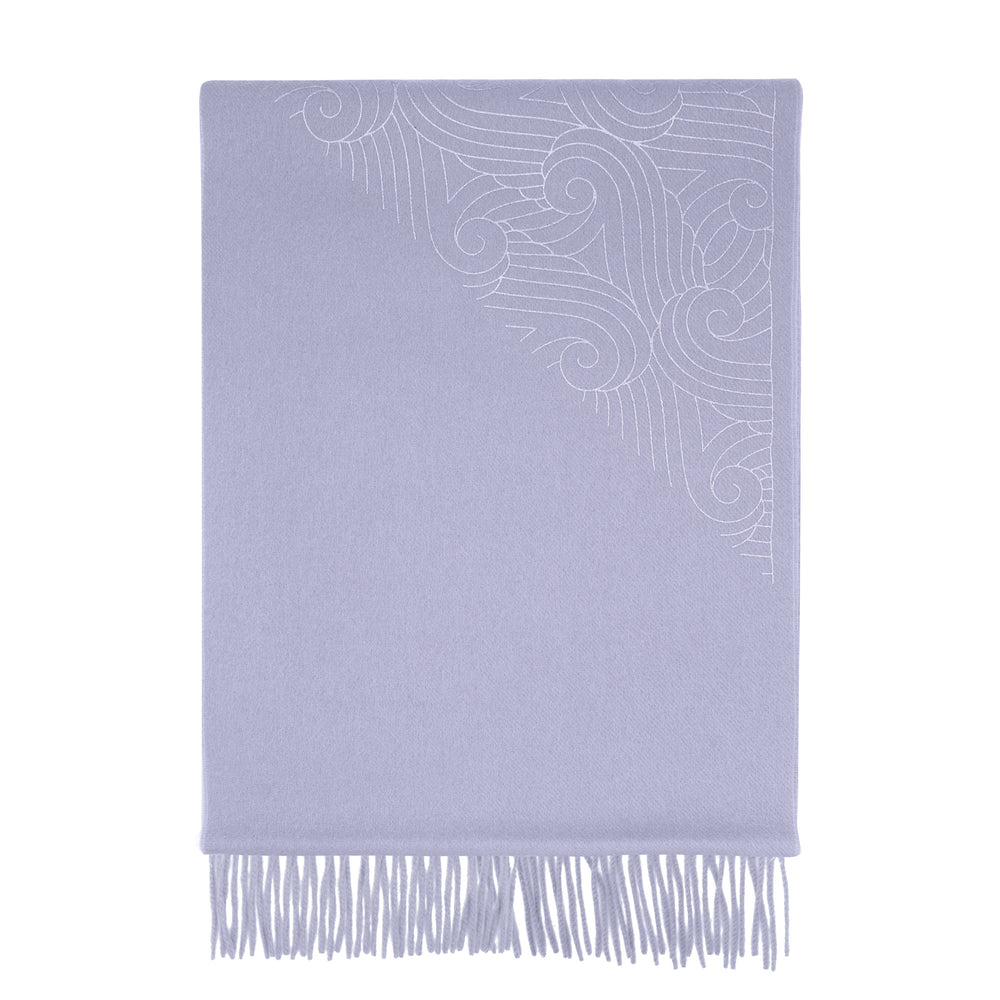 A pale grey cashmere scarf printed with silver pattern – made in UK