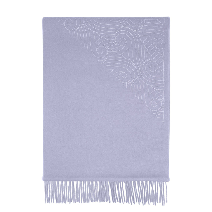 A pale grey cashmere scarf printed with silver pattern – made in UK