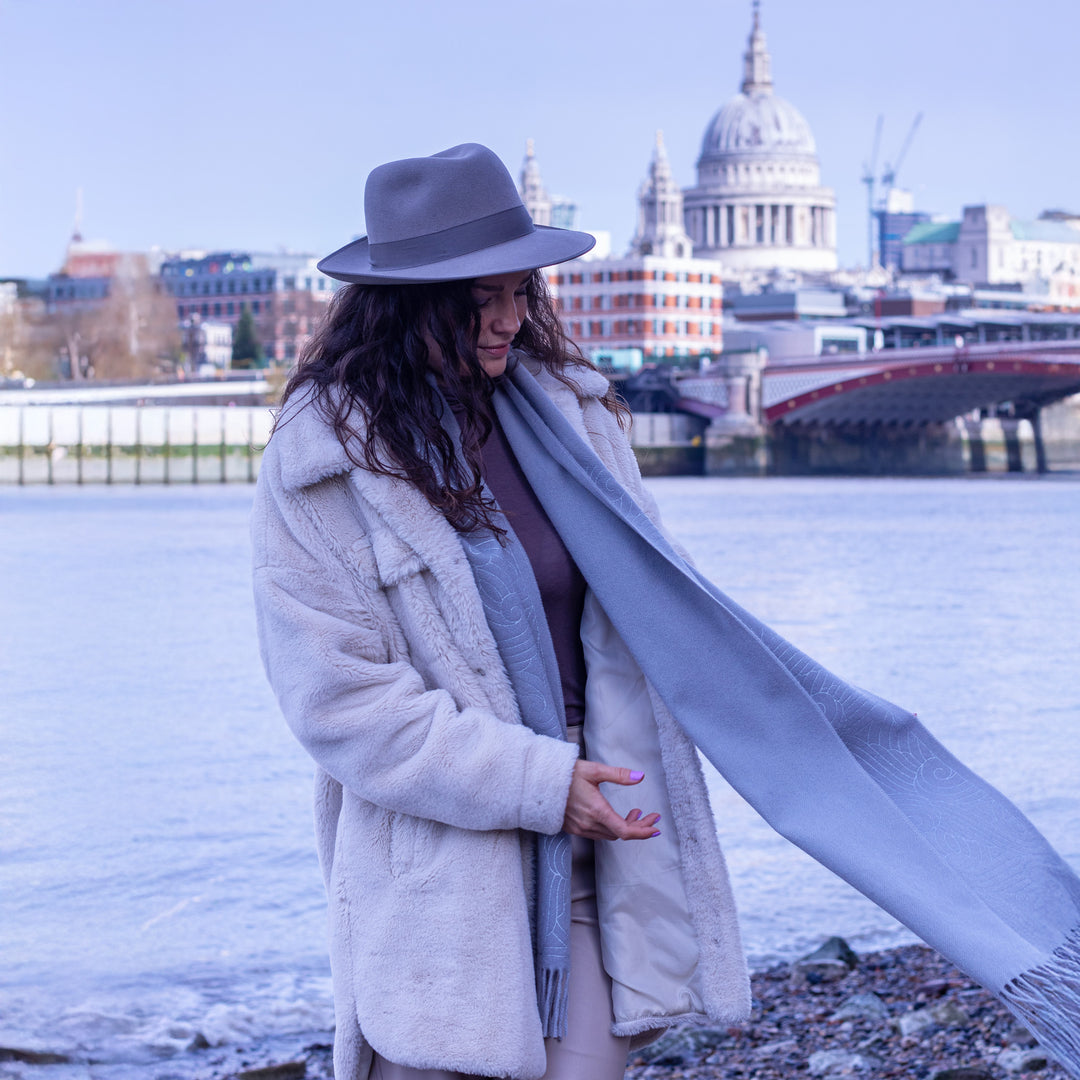 Luxury accessories London, Cashmere Scarves, Hand printed, Pattern, Autumn and Winter Style. Made in England. Furious Goose