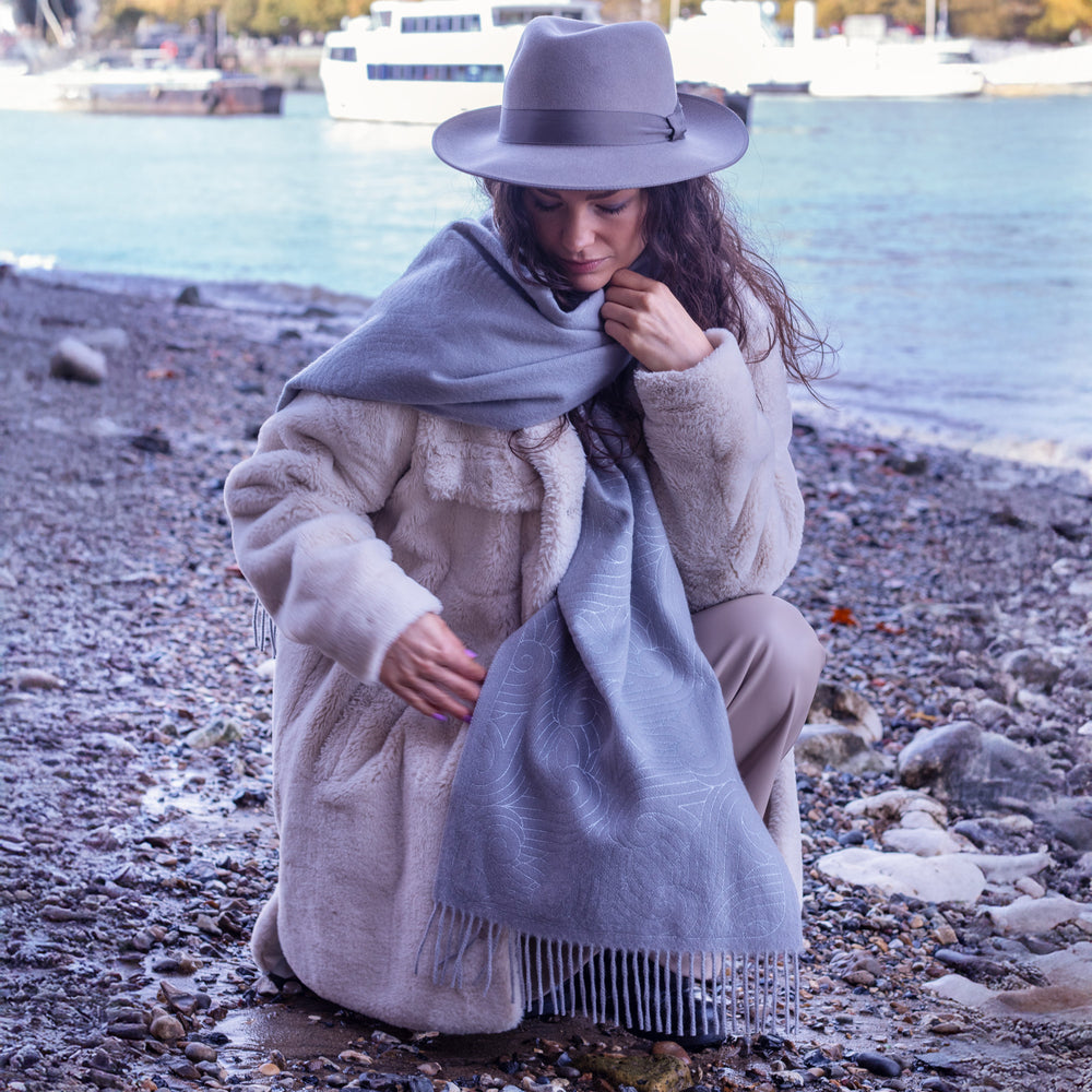 Cashmere Stole with metallic printed | Thames, London Scarves Grey and Silver