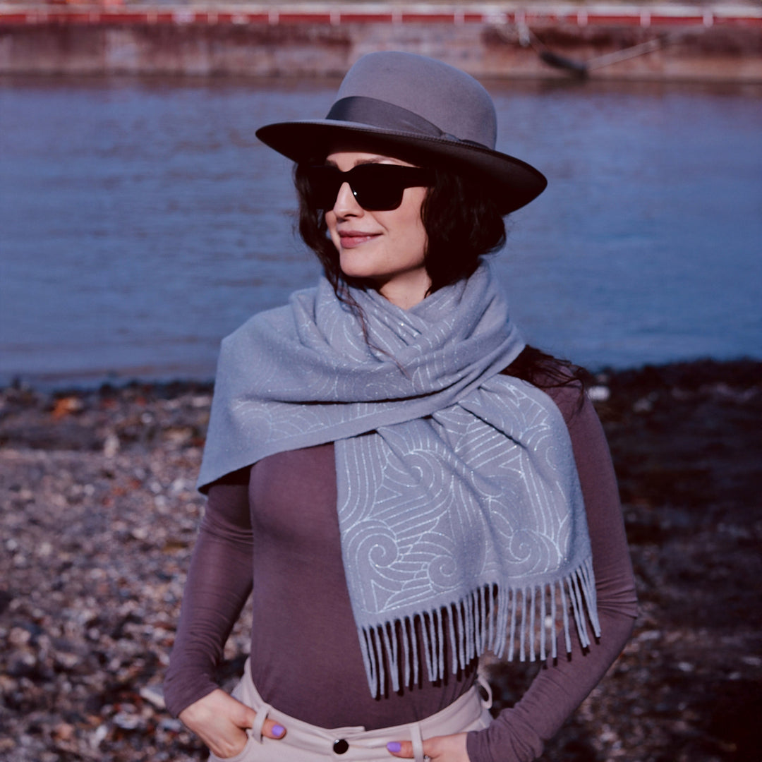 Cashmere scarf with metallic printed pattern ash grey and silver. Made in England | Furious Goose