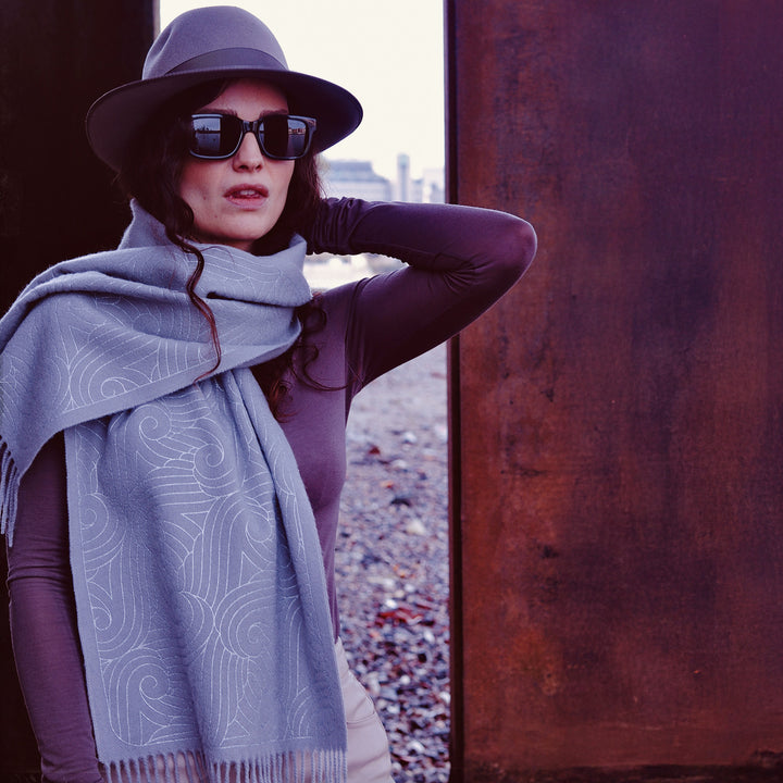 Grey cashmere stole with silver print. Ash grey and metallic hand-printed Thames Pattern. Luxury Accessories, Made in UK. | Furious Goose