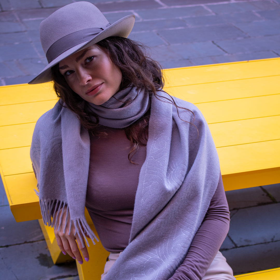 Ash grey cashmere stole, printed with silver pattern | Made in London | Furious Goose