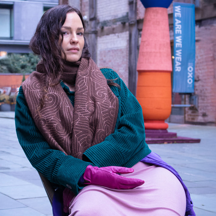 Brown Cashmere Woven Scarf, Hand Printed Screen Print Metallic Copper | Made in London and England | Furious Goose