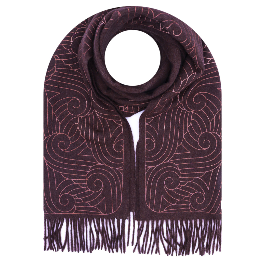 Luxury Cashmere Stole in Chocolate Brown with copper screen printed Thames Pattern – Made in the UK – Furious Goose