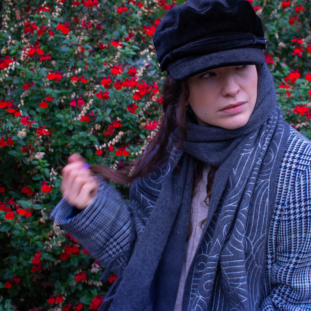 Dark Grey Cashmere Scarf with Silver Hand Printed pattern inspired by the Thames | Made in England | Furious Goose