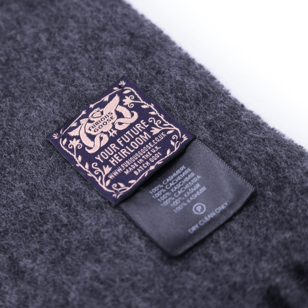 Cashmere scarf showing the woven label