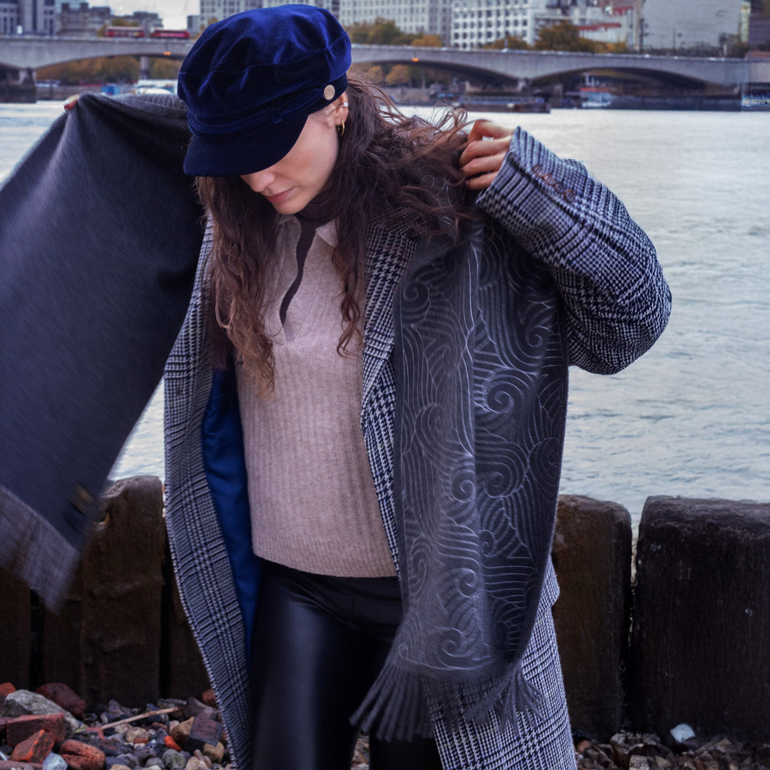 Thames Print, dark grey cashmere scarf woven in Yorkshire, hand printed in London | Made in England | Furious Goose