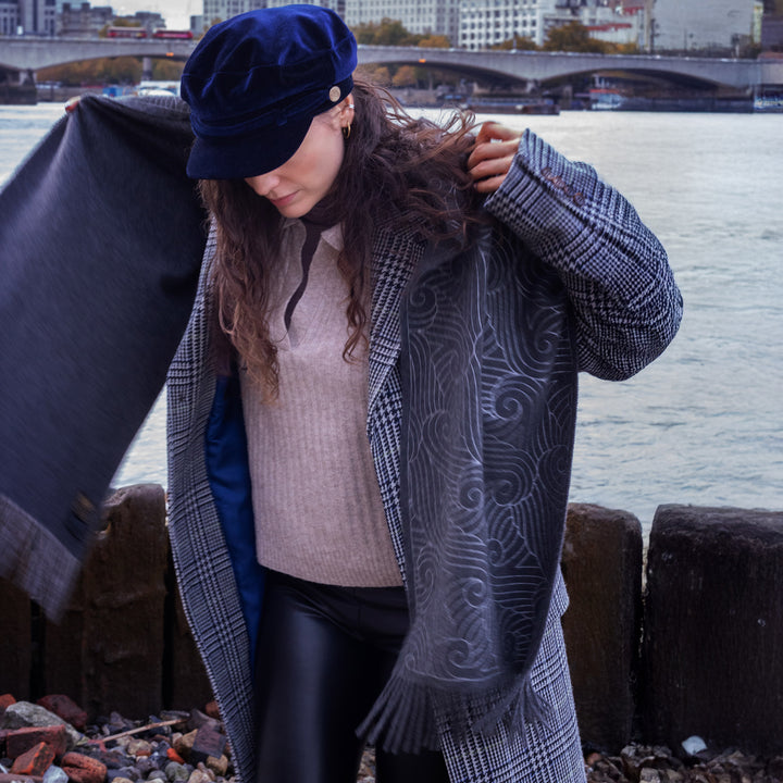 Thames Print, dark grey cashmere scarf woven in Yorkshire, hand printed in London | Made in England | Furious Goose