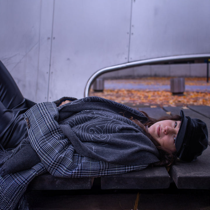 Slate Grey Cashmere Stole with Metallic Screen Printed pattern inspired by the Thames | Made in England | Furious Goose