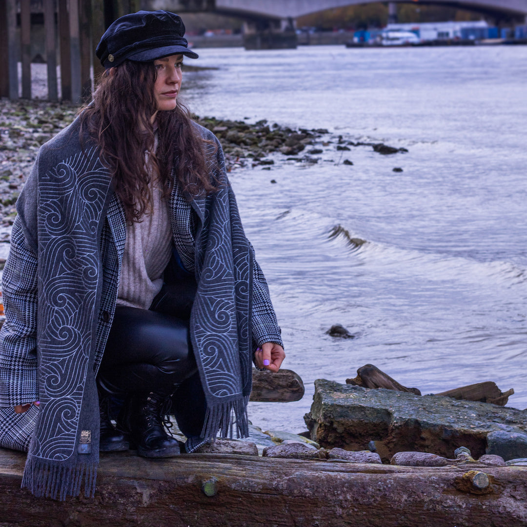 Thames Cashmere Scarves, Inspired by the River. Grey cashmere and silver pattern | Made in UK | Furious Goose