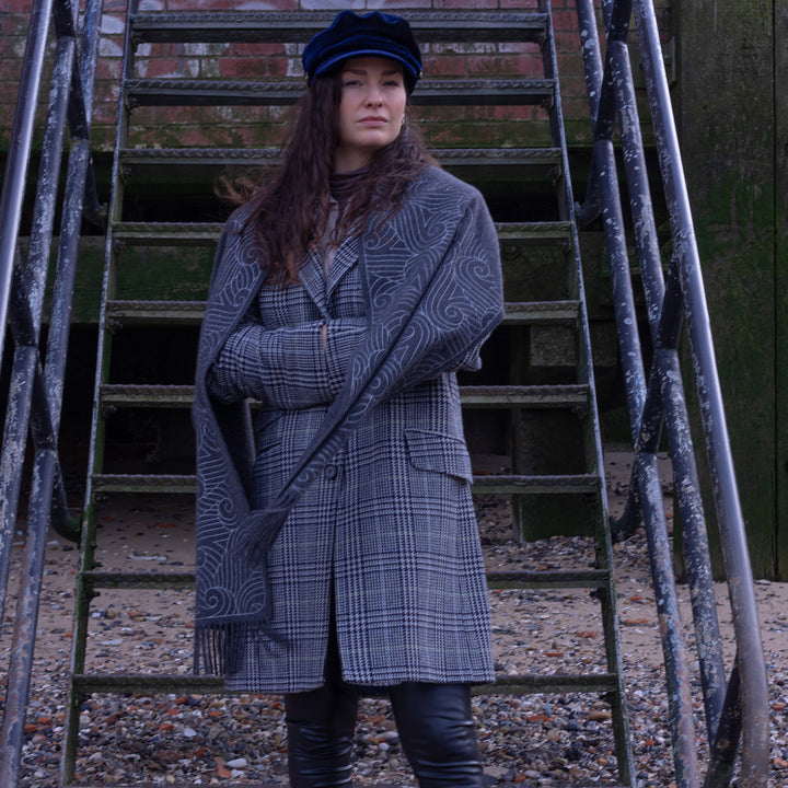 Slate Grey Cashmere Scarves with silver hand-printed pattern inspired by the Thames | Made in England | Furious Goose