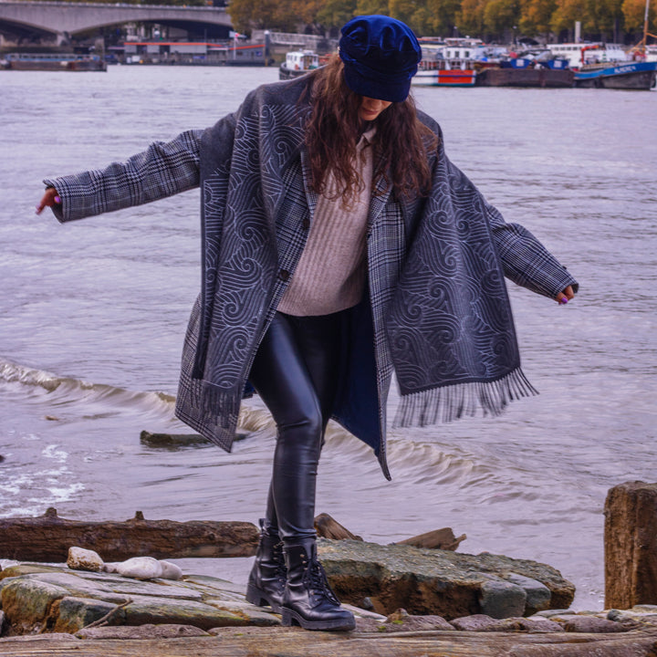 Dark grey cashmere scarf with hand-printed silver metallic pattern | Luxury Accessories | Made in England | Furious Goose