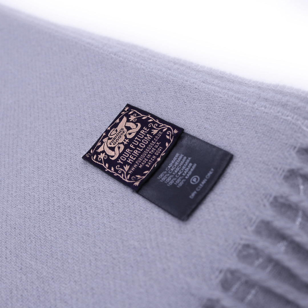 Grey cashmere scarf showing the gorgeous Furious Goose label – Made in UK