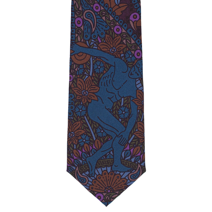 Purple and blue printed necktie, silk ties, menswear, formalwear, Michelangelo, Discobolos, Classical Sculpture, Luxury Accessories, Made in UK, Furious Goose