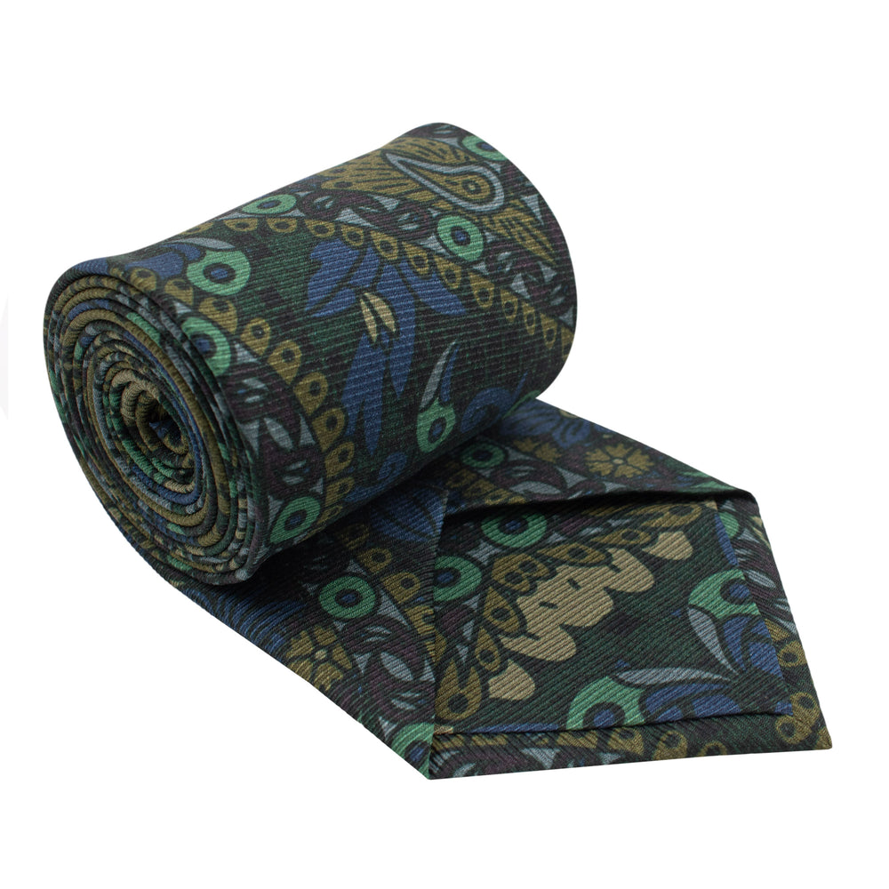 Luxury silk printed tie in green, brown and slate grey. Featuring new-classical sculpture, Michelangelo's David and the Discus Thrower, Made in UK, Bold Print, Neckties, Ties, London, Furious Goose