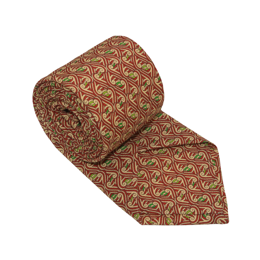 Self-tipped wool challis tie in red, cream with green highlights | Print inspired by the Thames, London | Made in England | Luxury neckties | Furious Goose
