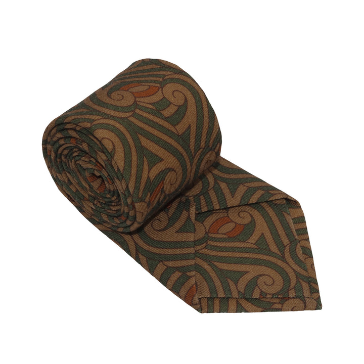 Self-tipped, luxury wool tie in brown and green print | River Thames, London | Made in UK | Furious Goose