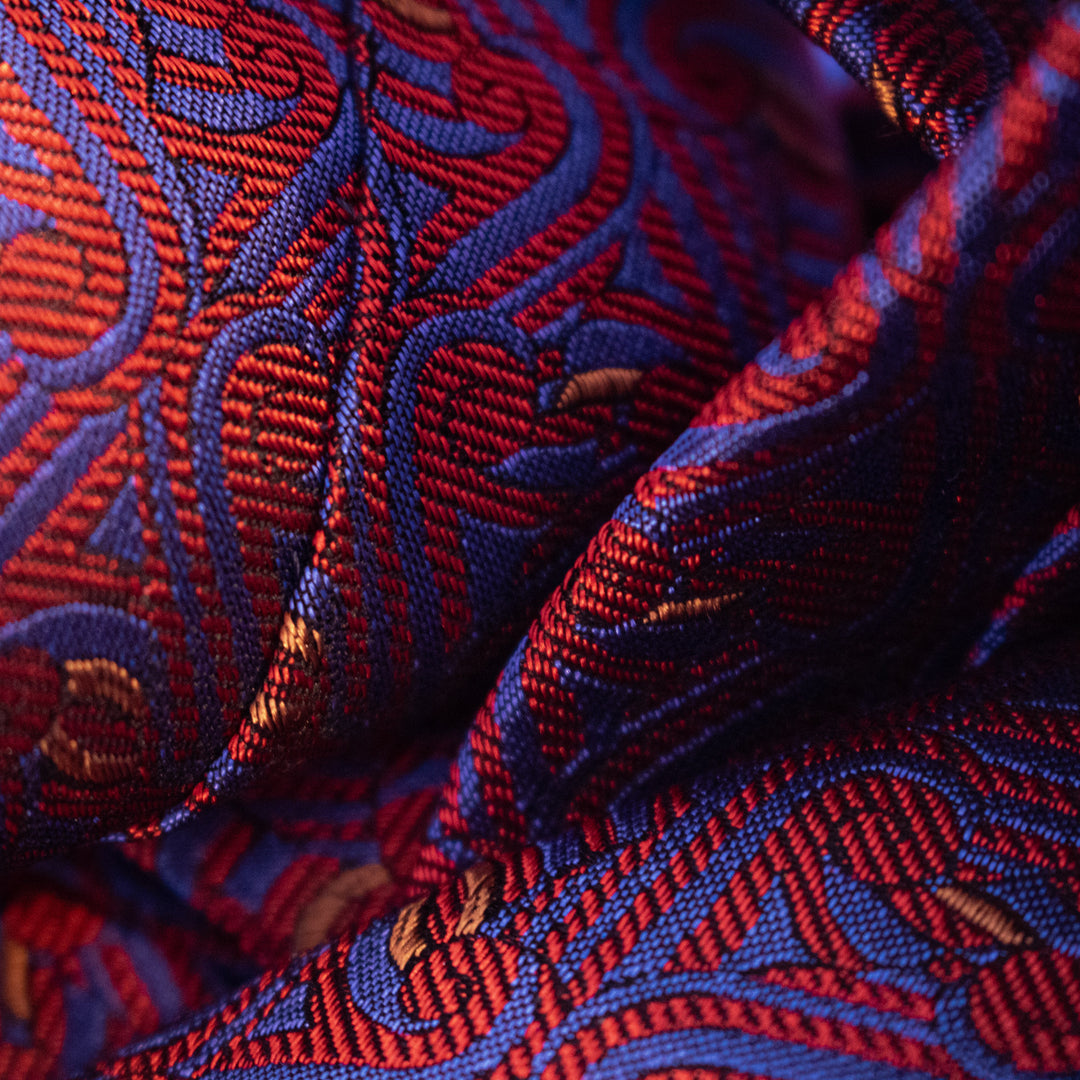 Jacquard woven silk fabric – Red Blue and Gold