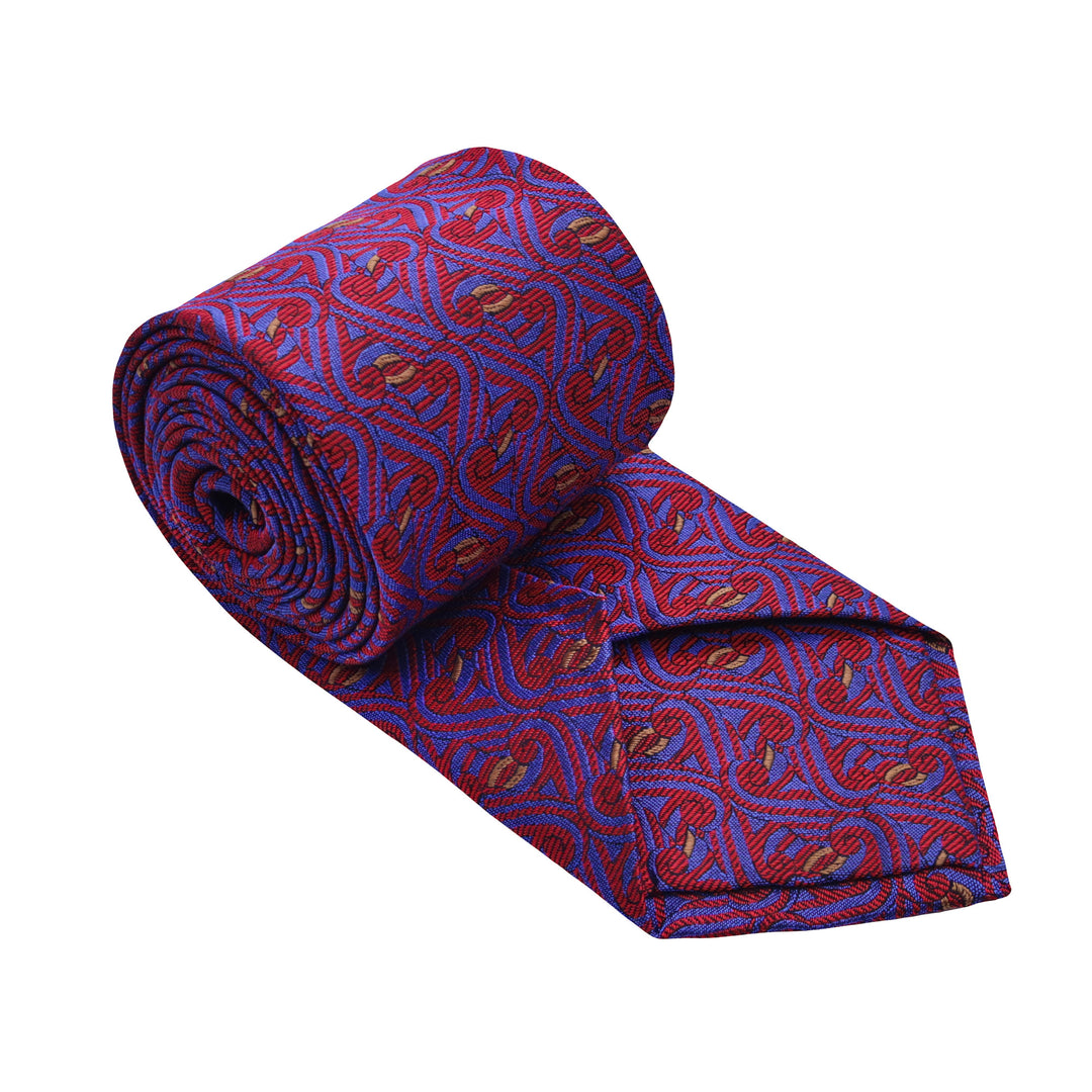 Red and blue tie with gold highlights. Woven silk in the Thames Pattern. Unrolled and three quarter view.
