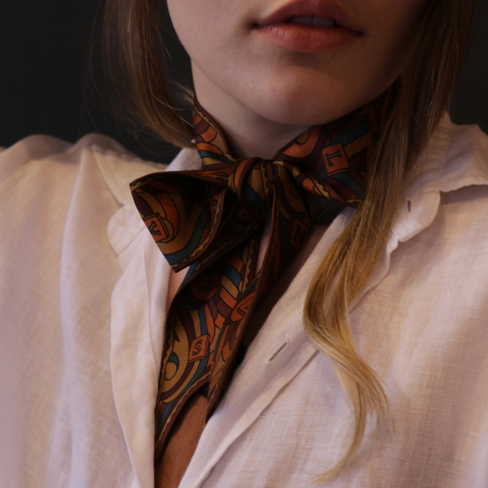 brown, gold, blue, burnt orange, silk scarf, luxury accessories, twilly, pure silks, 100% silk | Furious Goose.