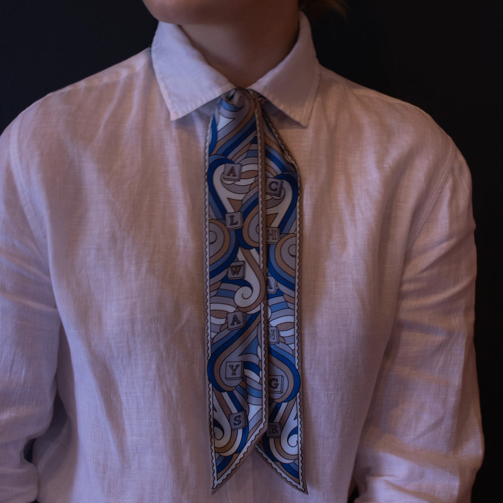 multipurpose scarf, twilly, blue, baby blue, grey, 100% pure silk, ribbon | Furious Goose | made in England 