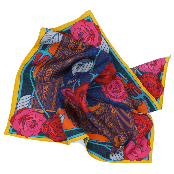Scrunched Guns and Roses Sinatra Pocket Square | Red, Orange, Pink, Blue | Made in UK | Furious Goose 