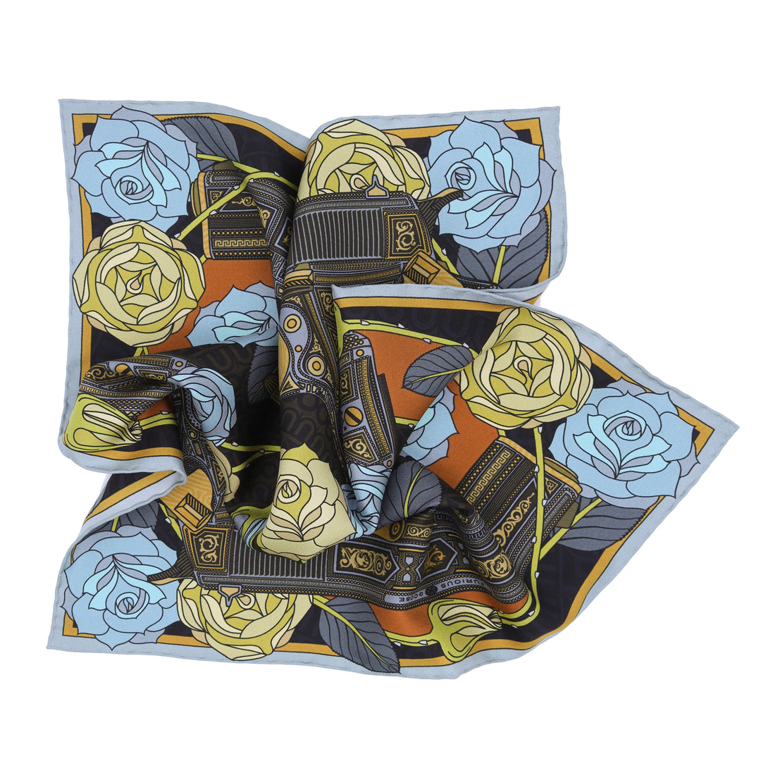 Scrunched silk pocket square in blue, gold, and bronze | Made in UK | Furious Goose
