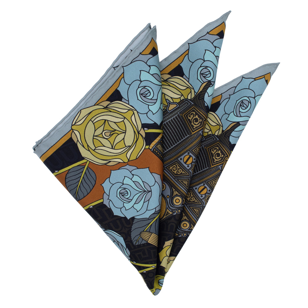 Folded silk pocket square in blue, gold, and bronze | Guns and Roses | Made in UK | Furious Goose