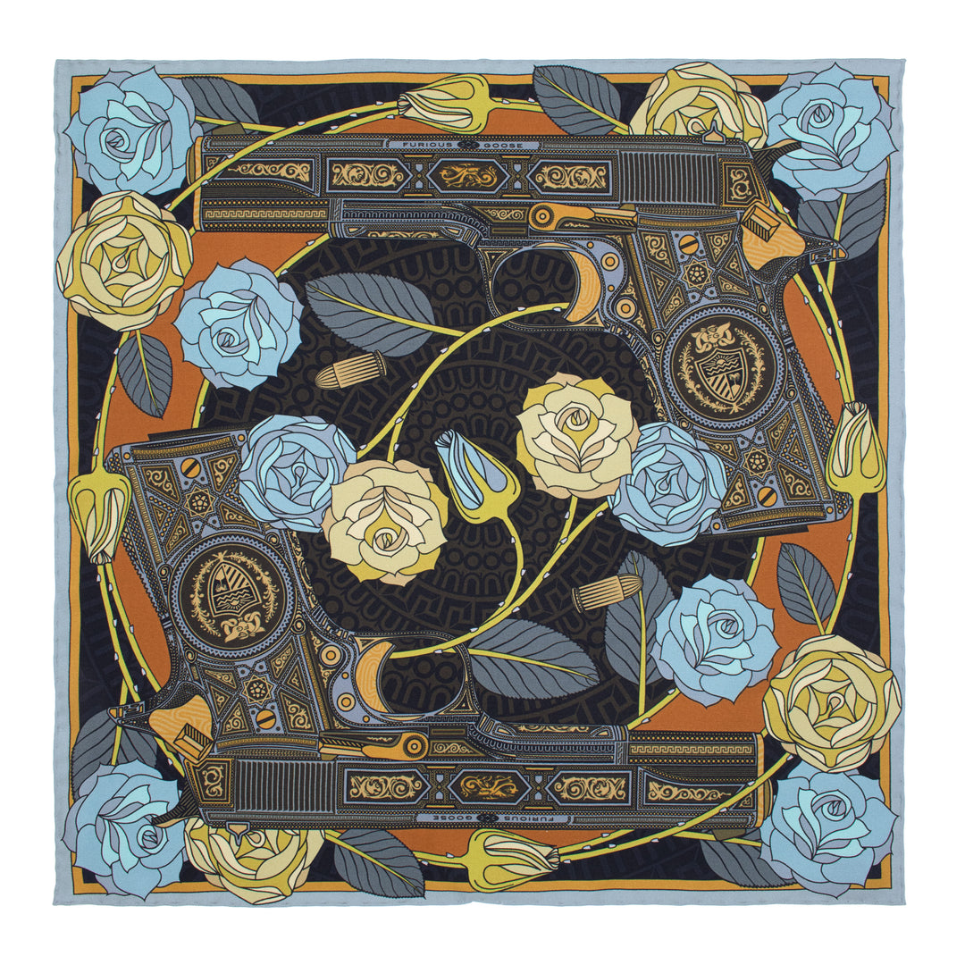 Men’s luxury silk pocket square in blue, gold, and bronze | Guns and Roses | Made in UK | Furious Goose