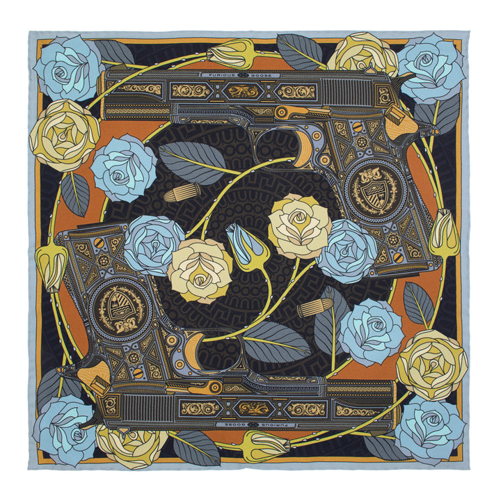 Men’s luxury silk pocket square in blue, gold, and bronze | Guns and Roses | Made in UK | Furious Goose