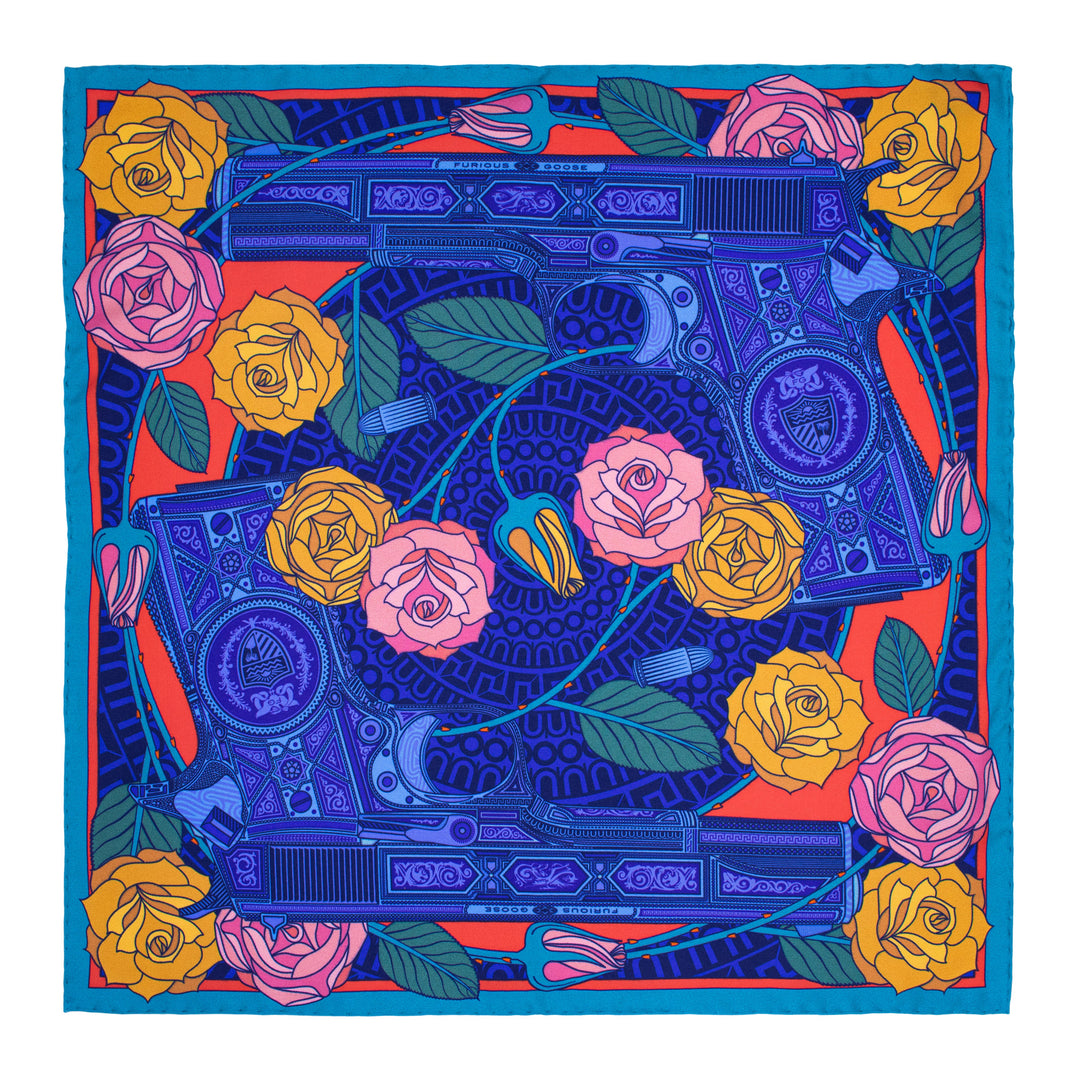 Bold silk pocket square in blue and coral | Made in UK | Furious Goose
