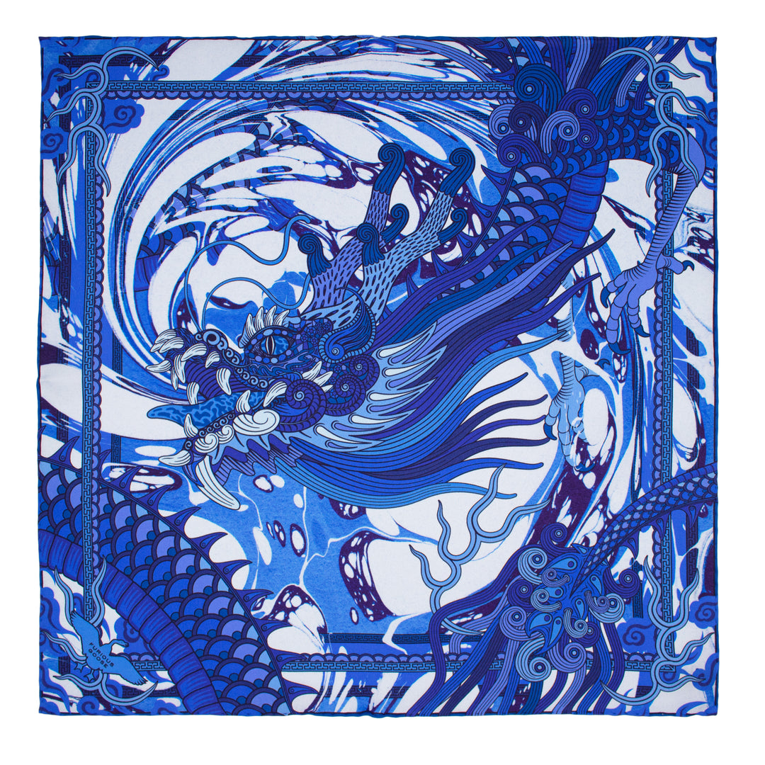 Oriental Pocket Square, Blue, Silk, Hand Rolled Hems, Made in UK, Chinoiserie, Dragon, Dragon Art, Menswear, London, UK, Furious Goose