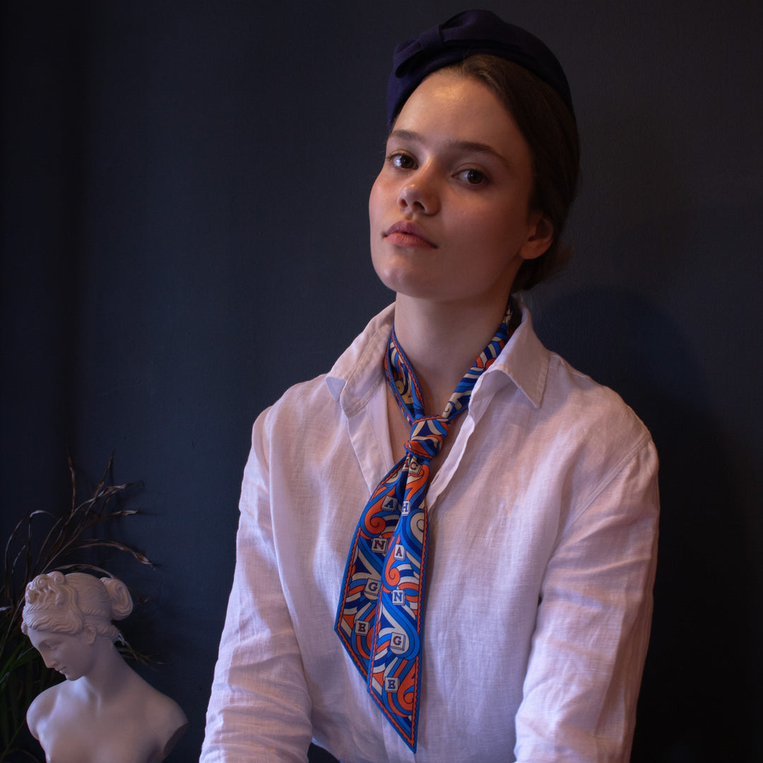 Orange and blue silk twilly ribbon scarf inspired by the Thames | Furious Goose | Made in England